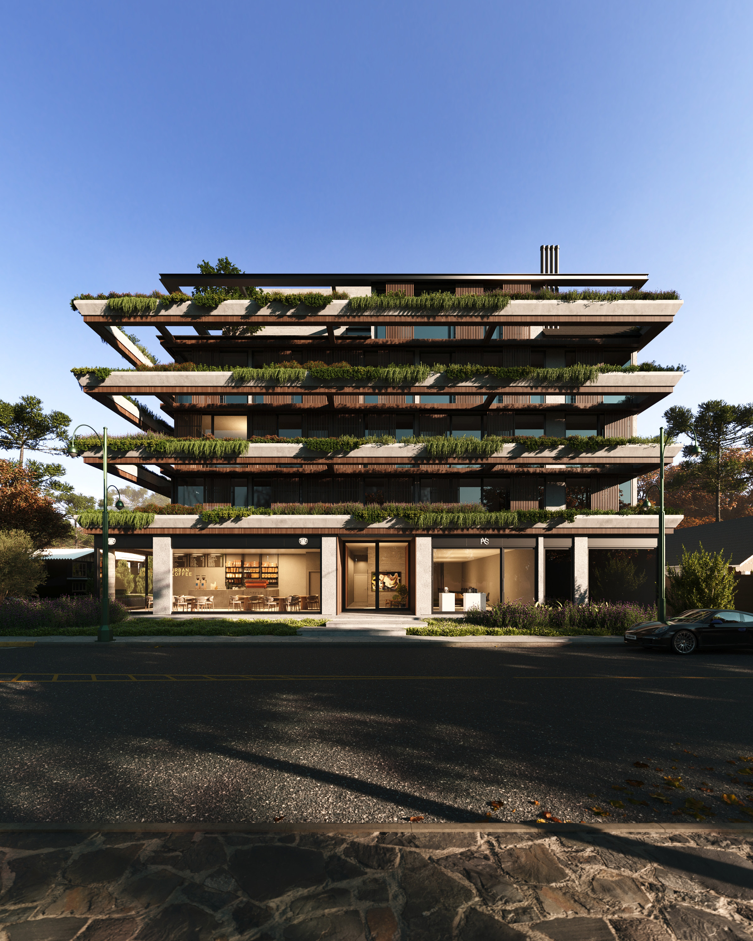 Arquitetura do Ernesto 142 - Fachada com brises em madeira natural Gramado RS